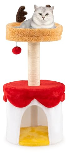 COSTWAY Tiragraffi per Gatti con Letto e Tiragraffi in Sisal, Alto 80 cm | Albero di Natale per Gatti con Pallina Appesa, Condo e Cuscino Lavabile, Piccolo Centro Attività per Animali Domestici