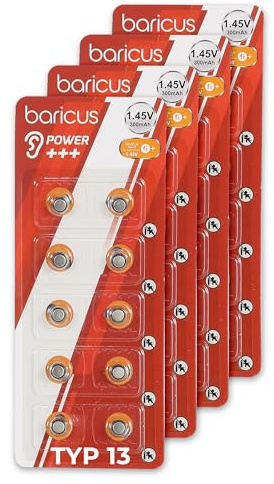 BARICUS Piles pour appareils auditifs Zinc Air - Type 10 13 312 675 - 40 pièces - 1,45 V Piles bouton pour appareils auditifs ITE BTE CIC (type 13-40 pièces)