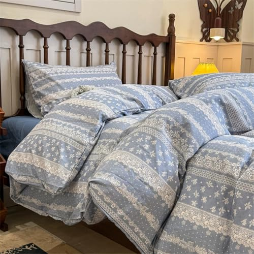 Freyamy Bettwäsche 135x200 Blau Blumen Spitze Bedruckt Boho Bettwäsche Set | Aesthetic Bettwäsche Vintage, 2teilig Mädchen, Microfaser ÖKO-TEX Bettbezug mit Reißverschluss und 1 Kissenbezug 80x80cm