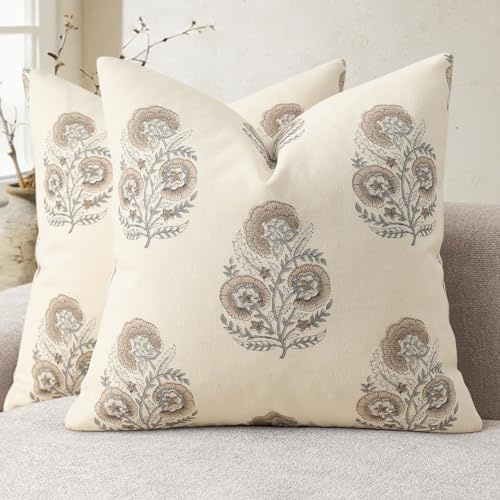 YCOLL Vintage Blumendruck Kissenbezug 50x50 2er Set Blumen Kissenbezüge, Sofakissen, Modernes Design Dekokissen für Sofa, Couch, Stuhl, Bett, Wohnzimmer Heimdekoration, Hellbraun