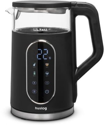 Huslog Elektrischer Wasserkocher mit Temperaturanzeige Glas 1,7L 2200W Touchpanel LED Display Warmhaltefunktion glaswasserkocher temperatureinstellung Edelstahl Schwarz
