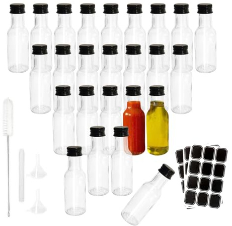 BiBOTLSFLY 25 Pack 50ml Mini Liquor Bottles, Reusable Small Plastic Alcohol Bottles with Black Screw Caps for Weddings Parties Events, Juice, Spirit Vodka Whiskey Samples