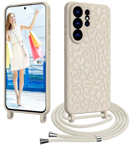 CaseLover Handyband für Samsung Galaxy S26 Ultra Hülle mit Band, Leopardenmuster Silikon Handyhülle mit Kette Kordel zum Umhängen Stossfest Schutzhülle Case mit Kordel für Samsung S26 Ultra 5G, Beige