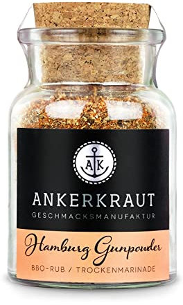 Ankerkraut Hamburg Gunpowder, BBQ Rub Gewürz, unser Haus-Rub als Marinade für Fleisch, Allrounder für Gemüse Geflügel und Schwein, Inspiration zum Kochen Grillen, 90g im Korkenglas