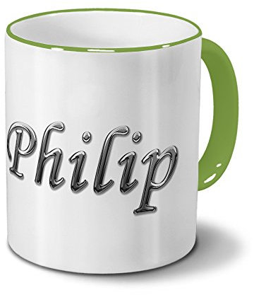 printplanet Tasse mit Namen Philip - Motiv Chrom-Schriftzug - Namenstasse, Kaffeebecher, Mug, Becher, Kaffeetasse - Farbe Grün