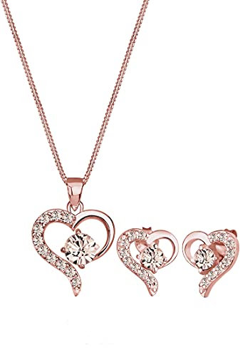 Elli Schmuckset Damen Herz mit Kristalle in 925 Sterling Silber Rosé vergoldet