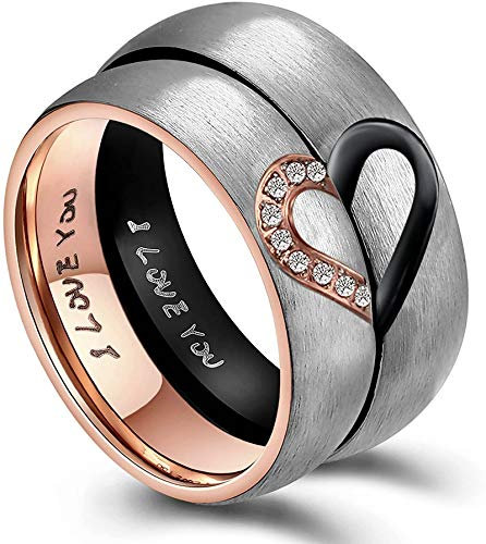 ANAZOZ Edelstahlringe Partnerring, Ringe Für Herren Schwarz Größe 58 (18.5) Halbes Herz mit Gravur I Love You