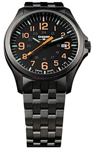 Traser P67 Officer Pro Gunmetal Black/Orange Herren Armbanduhr aus Edelstahl, in der Farbe Schwarz, Durchmesser: 42mm, Wasserdichtigkeit: 10Bar, 107870