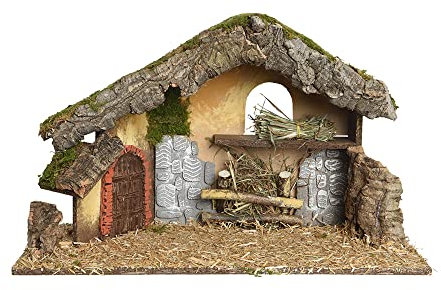 Keamingk Krippenhaus mit Moos mit Rinde mit Tür aus Stroh, 50 x 23 x 31 cm