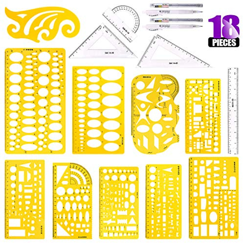 Swpeet 18 st gula geometriska ritmallar i plast, 10 olika geometriska mätmallar med 2 pennor och 5 mätlinjaler för ritning och teknisk designarbete