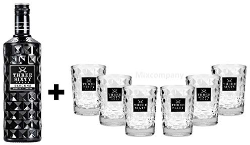 Three Sixty Set Geschenkset ? Three Sixty Black Vodka Wodka 1L 1000ml (42% Vol) + 6x Tumbler 0,2l 200ml Facettenschliff Glas- [Enthält Sulfite]