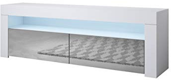 MB Muebles Bonitos, Mueble TV Aker con Luz LED para Salón Comedor, 2 Puertas Abatibles, Mueble de Televisión en Melamina Brillo, Color Blanco y Gris, 140x50.5x35 cm