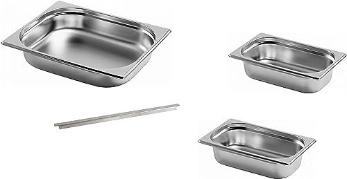 Gastro-Bedarf-Gutheil 3 x Gastronormbehälter, 2 x GN Behälter 1/4 + GN Behälter 1/2 65 mm tief stapelbar Edelstahl incl. Steg geeignet für Chafing Dish, Bain Marie, Dampfgarer, Saladette