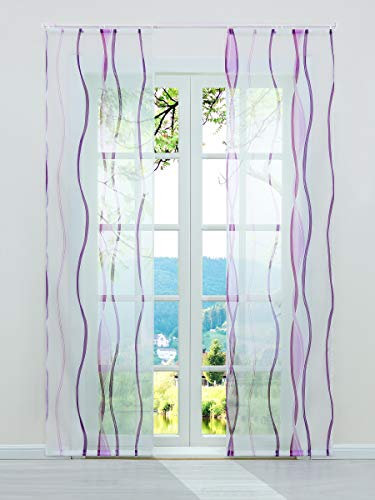 ESLIR Schiebegardinen Set 2er Flächenvorhänge Gardinen mit Klettband Schiebevorhang Transparent Vorhang mit Wellen Druck Voile Violett BxH 57x225cm 2 Stück