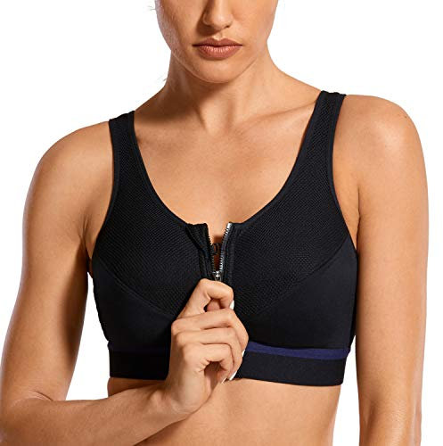 SYROKAN Women's Sports Bra Front Zip Wireless High Support Posture Comfort Workout Bra Black - New 36E