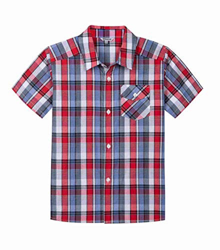 Bienzoe Garçon Coton Plaid Bouton Bas Manche Courte Chemise Rouge/Bleu 13/14