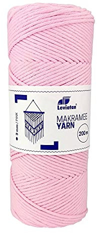 LEVIATAN 110943 Natürliches garn-200m superweiche Schnur Einfachdrehung-100% makramee Baumwolle Baumwollfadenseil für Basteln, Hochzeits-und Weihnachtsdekorationen Rosa, 3mm x 200m