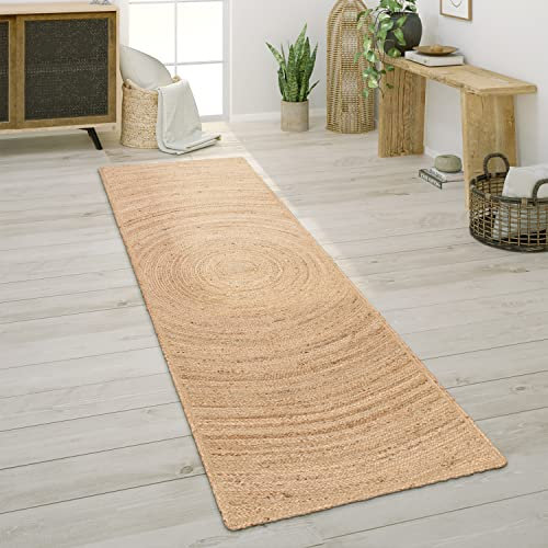 Paco Home Teppich Wohnzimmer Naturfaser Handgearbeitet Jute Meliert Modernes Muster Boho Stil, Grösse:80x250 cm, Farbe:Natur