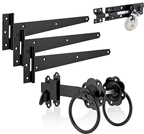 XFORT Black Ring Gate Kit Complete with T Hinges, Brenton Bolt & Discus Padlock, Gate Kit for Hanging Garden Gate, Gate Fitting Kit with Gate Hinges Heavy Duty T Hinge, Gate Ring Latch & Padbolt Lock