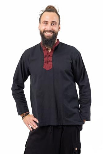FANTAZIA Herren Ethno-Hemd mit Taschen Chuck-Lee – Größe S bis XXXL Schwarz, Schwarz , S