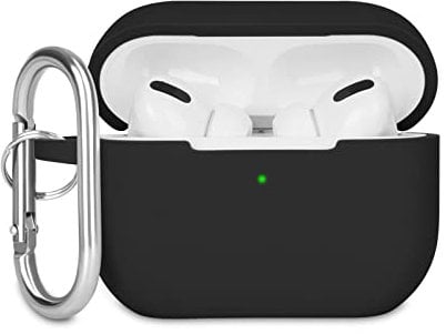 KOKOKA Silikon Hülle Kompatibel mit AirPods Pro Schutzhülle, Stoßfeste Weiche Dünne Case für Airpods Pro 2019 Case Mit Karabiner, Front-LED Sichtbar, Schwarz