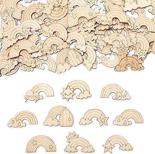Baker Ross FC755 Rainbow Mini Wooden Shapes - Pack of 100, Wood Crafts for Kids, Card Making Supplies, Rainbow