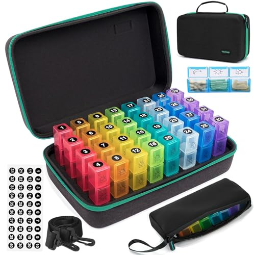 Pilulier mensuel 3 fois par jour, pilulier 31 jours 3 fois par jour, boîte de rangement mensuelle pour médicaments avec 32 compartiments quotidiens et sac de rangement portable pour médicaments de