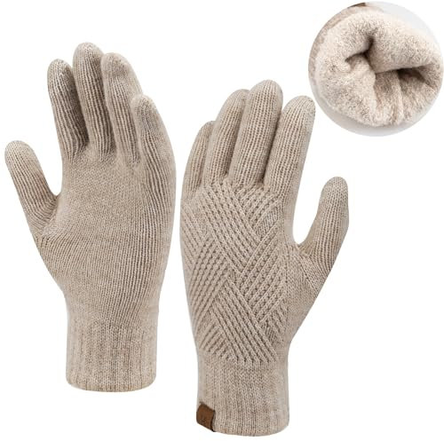 Damen Winter Warm Touchscreen Handschuhe Thermo Gestrickte Winterhandschuhe Doppellagige Strickhandschuhe mit Fleece Gefütterte Frauen Geschenk, Khaki
