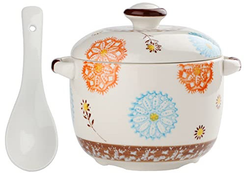 Evannt Cuencos de sopa de cerámica con asas y tapas, cuencos de sopa de cebolla francesa con cucharas de sopa de porcelana para sopa de cebolla francesa, cereales, chiles, estofado