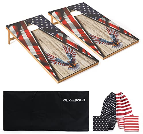 Cornhole Set, Regulation Cornhole Boards 4x2, Corn Holes Outdoor Game, Portable Classic American Flag Cornhole Set Includes 2 Boards, 8 Cornhole Beans Bags &
