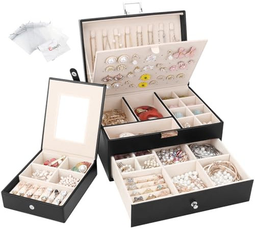 Scatola Portagioie a 2 livelli, Grande Porta Gioielli in Pelle PU con Portagioie portatile, Grande Organizzatore di Gioielli per Anelli Orecchini Bracciali Collane, Nero