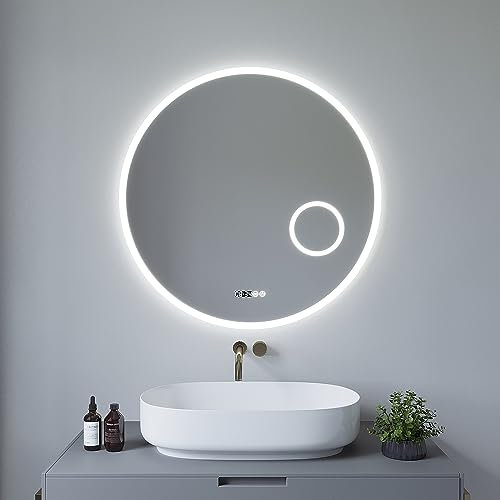 AQUABATOS Runder Spiegel mit Beleuchtung 80 cm uhrzeit schminktisch Kosmetikspiegel Schminkspiegel Antibeschlag Beschlagfrei LED Licht Rundspiegel Touch Schalter Dimmbar Kaltweiß für Wandschalter