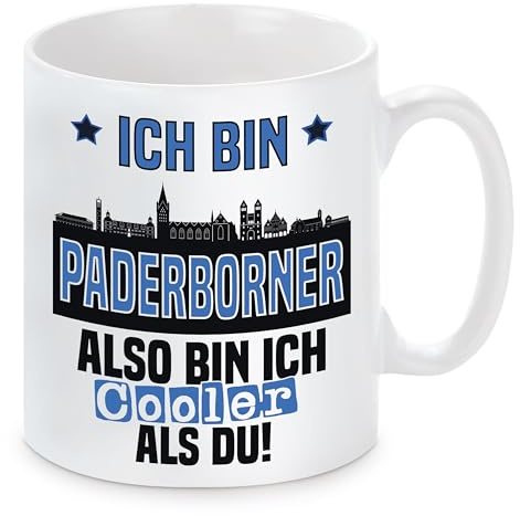 Tasse mit Spruch und Wunschtext auf der Rückseite | Ich bin Paderborner also bin ich cooler als du! | Fußball Keramiktasse für Paderborn Fan | Skyline deiner Stadt | hochwertiger Druck |
