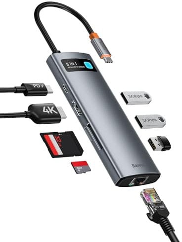 Baseus 8 in 1 USB C Hub Adapter mit 4K HDMI, Gigabit Ethernet, 100W PD, 3 USB A 3.0, SD/TF Kartenleser, USB Docking Station für Laptop MacBook Pro/Air, Surface Pro, iPad Pro, Dell, Steam Deck usw