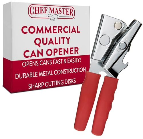 Chef-Master Commercial Can Opener, Multi-Purpose Can Opener Manual, Easy Turn Anti-slip Grip Knobs, Sharp Cutting Discs, Manual Handheld Can Opener With Soft Handle for Large Cans & Kitchen Use -90226