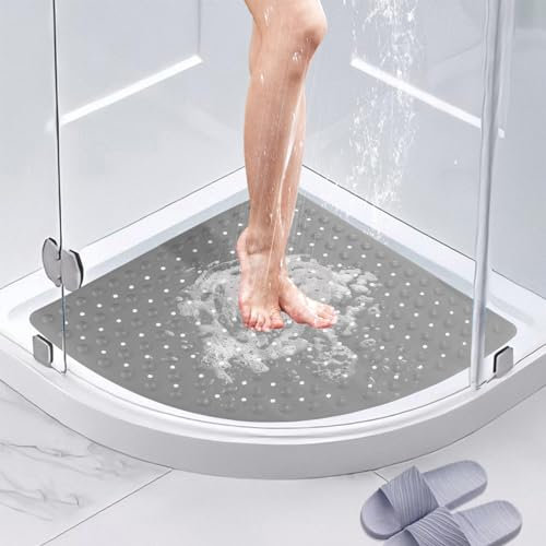 BWBIKE Alfombrilla de Ducha de Esquina 70x70 cm Antideslizante con Ventosas, Alfombra para Bañera y Plató de Ducha Interior/Exterior, Resistente al Agua con Orificios de Drenaje,Gris