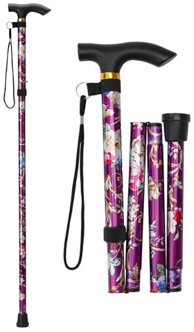 Gehstock Klappbar,Gehhilfen Senioren,Spazierstock Herren Schwarz, Faltbarer Gehstock Damen Höhenverstellbar,T-Griff für Altere Behinderte Männer Frauen (Violette Blume)