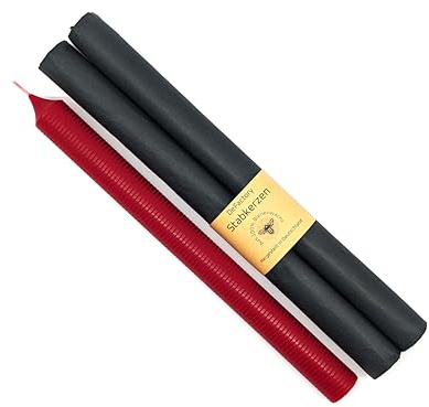 Premium Stabkerzen 100% Bienenwachs 2 Stück Brenndauer ca. 14 Stunden Oberflächendesign Ringe Höhe 25 cm, Ø 2,2 cm Premium Kerzen durchgefärbt Tafelkerze Haushaltskerze (Rot)