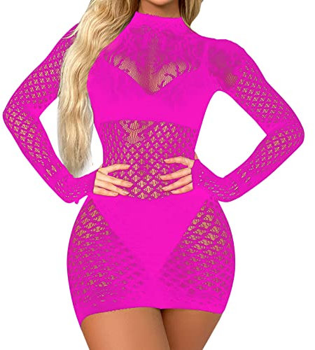 robe sexy femme club libertin dentelle dos nu robe courte femme ete moulante resille robe transparente femme manche longue filet lingerie sexy femme coquine hot pas cher (Hot Pink, One Size)