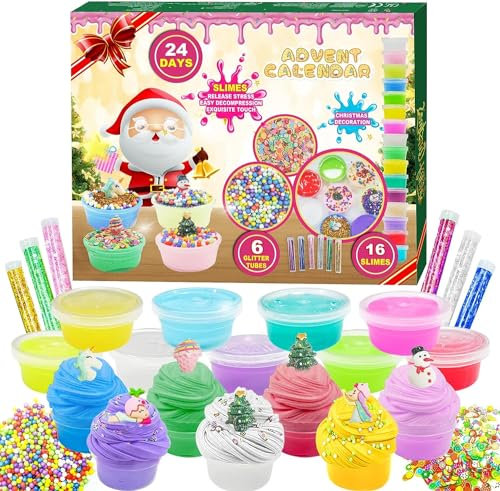 sudatong Schleim-Adventskalender 2025 für Jungen Mädchen, DIY flauschigen Kristall Slime Kinder Weihnachten Vorteil Kalender 24 Tage, Weihnachten Überraschungen Geschenk mit DIY Schleim Kit