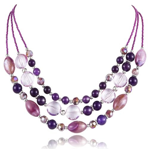 FULU AUTUMN Layered Statement Necklaces for Women Chunky Beaded Necklaces Costume Jewellery Valentines Gifts for Her(Purple)