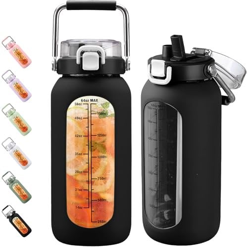 BLUEGO 2000ml Gourde en Verre avec Poignée en Inox et Marqueur de Temps Verre de Motivation 2L avec Manchon en Silicone et Paille pour Gym Office Extérieur Sport Bouteilles d'eau Sans BPA, Noir