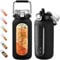 BLUEGO 2000ml Gourde en Verre avec Poignée en Inox et Marqueur de Temps Verre de Motivation 2L avec Manchon en Silicone et Paille pour Gym Office Extérieur Sport Bouteilles d'eau Sans BPA, Noir