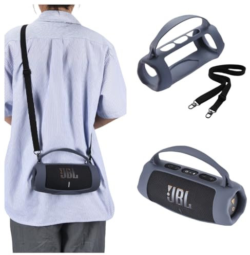 Silikon Schutzhülle Geeignet für JBL Charge 5 WiFi/Charge 5 Tragbarer Bluetooth-Lautsprecher, Tragbarer Koffer Schutzhülle mit Schultergurt Schutzhülle Kabelloser Lautsprecher Zubehör (Blau)