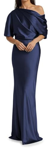 JAEDEN Brautmutterkleider Lang Satin Abendkleider Meerjungfrauen Hochzeitsgast Kleid mit Ärmel Marineblau 46
