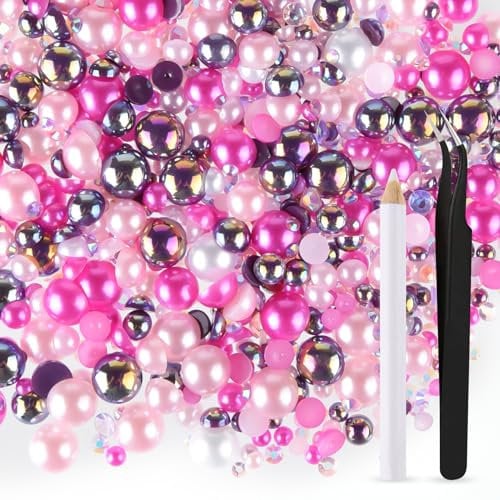 ASTARON 50g Mix Flatback Rhinestones Half Pearls for Crafts Mixed Size 3mm-10mm Flat Back Rhinestones for Crafts Flatback Pearls for Decorating Tumblers Mugs Nail Art Shoes (Rose Red Series)