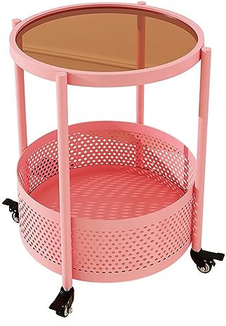 Table basse en verre bleu sarcelle avec deux étagères – Table d'appoint pour salon, canapé, chambre à coucher, table de chevet ronde en fer, chariot amovible