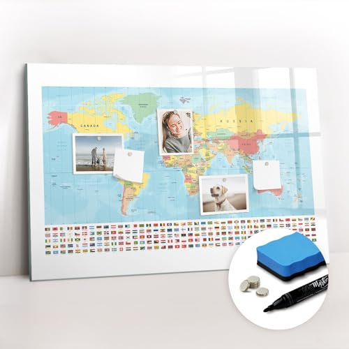 Tulup Glasplatte Tafel abwaschbar Wandtafel Magnetpinnwand 90x60 mit Magneten und Stift Magnetisch Magnettafel zum Beschriften Schreibtafel mit Motiv - Geographie-Weltkarte
