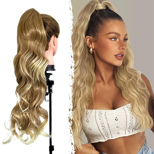 CAPELLISSIMA Coda Capelli Exstension Mossa Biondo Cenere Sfumato Effetto Naturale Posticci per Capelli, Coda di Cavallo Mossa e Ondulata Facile Applicazione con Pinza Coda Riccia Capelli Finti 70cm
