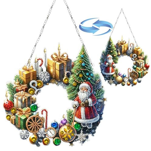CXINLky DIY Diamond Art Painting Weihnachtskranz Anhänger mit Kette, Diamant Painting Bilder, Weihnachten Diamond Malerei Wandbehang Kits für Fenster Wand Eingang Garten Decor-02